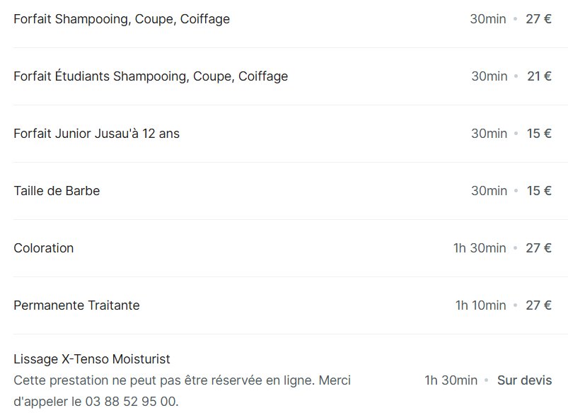 Grille des Tarifs coiffure homme du salon Coiffure Mael à Strasbourg