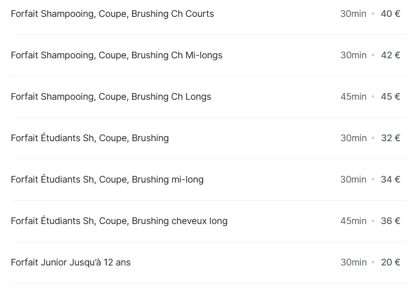 Grille des Tarifs coiffure femme du salon Coiffure Mael à Strasbourg